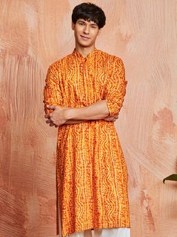 Vastramay - Mens Mustard Rayon Bandhani Printed Kurta