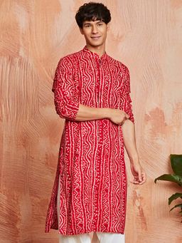 Vastramay - Mens Red Rayon Bandhani Printed Kurta