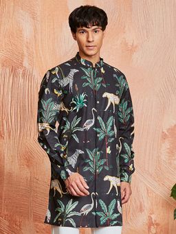 Vastramay - Mens Black Cotton Full Sleeves Printed Kurta