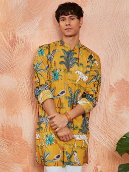 Vastramay - Mens Mustard Cotton Full Sleeves Printed Kurta
