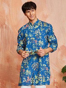 Vastramay - Mens Blue Cotton Tropical Floral Printed Kurta