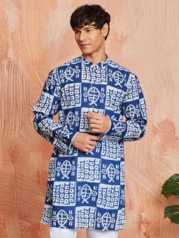 Vastramay - Mens Blue Cotton Batik Printed Kurta