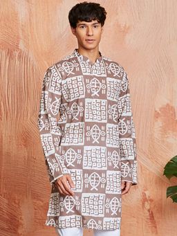 Vastramay - Mens Light Brown Cotton Batik Printed Kurta