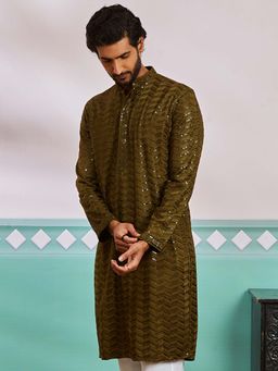 Vastramay - Mens Olive Rayon Embroidered Sequined Kurta