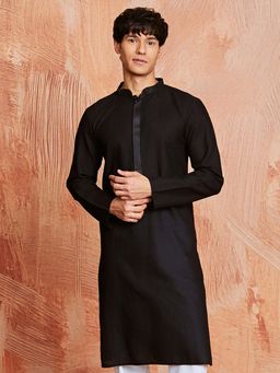 Vastramay - Mens Black Self Design Thread Work Mandarin Collar Kurta