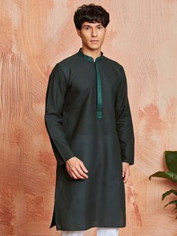 Vastramay - Mens Green Self Design Thread Work Mandarin Collar Kurta
