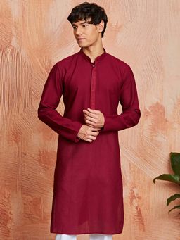 Vastramay - Mens Maroon Self Design Thread Work Mandarin Collar Kurta
