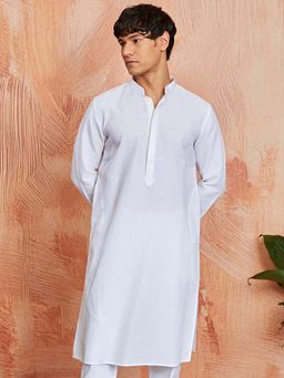 Vastramay - Mens White Self Design Thread Work Mandarin Collar Kurta