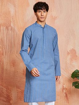 Vastramay - Mens Blue Cotton Woven Kantha Work Regular Kurta