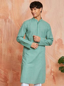 Vastramay - Mens Green Cotton Woven Kantha Work Regular Kurta