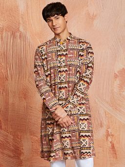 Vastramay - Mens Cotton Multi-Color Ajrakh Hand Block Printed Kurta