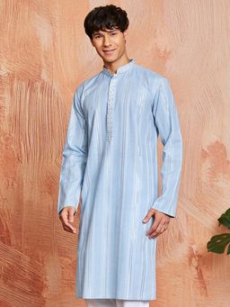 Vastramay - Mens Blue Silk Blend Jacquard Woven Embroidered Kurta