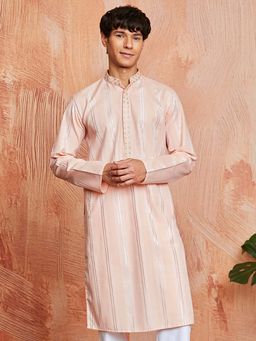Vastramay - Mens Peach Silk Blend Jacquard Woven Embroidered Kurta