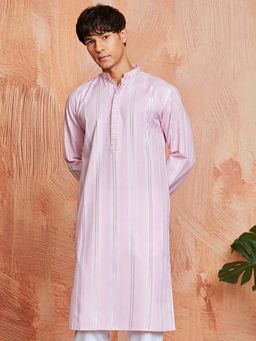 Vastramay - Mens Pink Silk Blend Jacquard Woven Embroidered Kurta