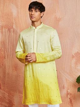 Vastramay - Mens Yellow Cotton Silk Ombre Mirror Work Kurta