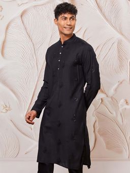 Vastramay - Mens Black Viscose Embroidered Sequined Kurta