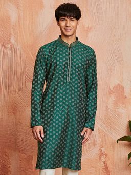 Vastramay - Mens Green Silk Blend Jacquard Woven Regular Kurta