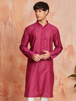 Vastramay - Mens Magenta Silk Blend Jacquard Woven Regular Kurta