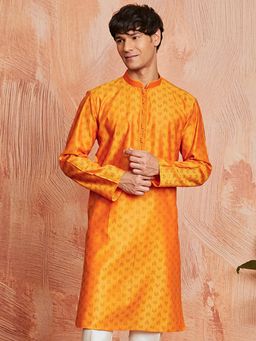 Vastramay - Mens Orange Silk Blend Jacquard Woven Regular Kurta