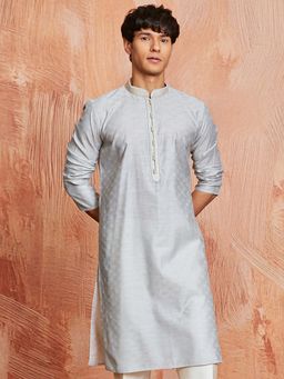 Vastramay - Mens Light Grey Silk Blend Jacquard Woven Regular Kurta
