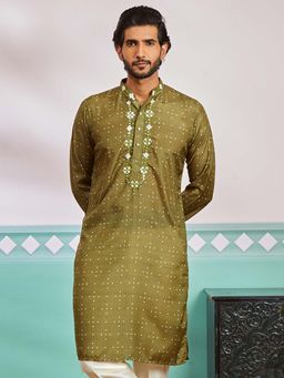 Vastramay - Mens Olive Bandhani Printed Regular Fit Kurta