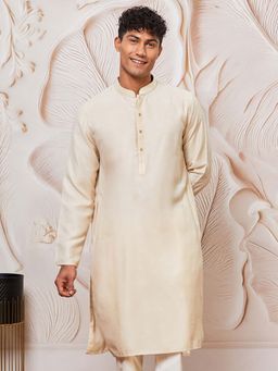 Vastramay - Mens Cream Satin Solid Regular Fit Kurta