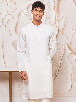 Vastramay - Mens White Silk Blend Yoke Embroidered Kurta