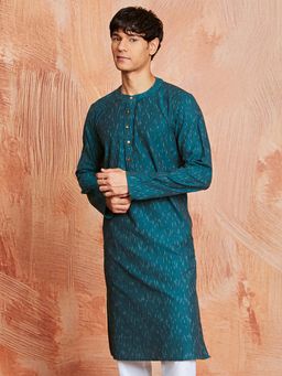 Vastramay - Mens Teal Cotton Ikat Printed Regular Kurta