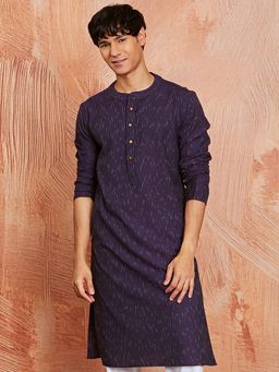 Vastramay - Mens Purple Cotton Ikat Printed Regular Kurta