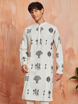 Vastramay - Mens Cream Cotton Block Printed Regular Kurta
