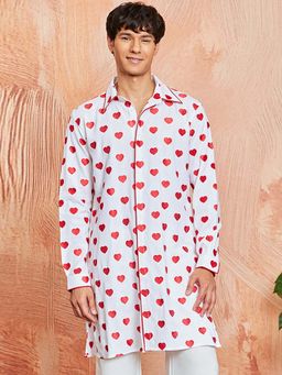 Vastramay - Mens White Cotton Heart Embroidered Shirt Collar Kurta