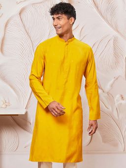Vastramay - Mens Mustard Cotton Blend Embroidered Regular Fit Kurta