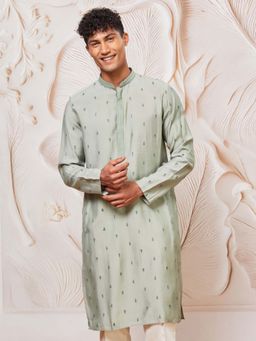 Vastramay - Mens Green Cotton Blend Embroidered Regular Fit Kurta