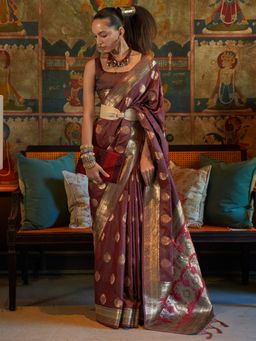 Akhilam - Womens Silk Blend Brown Woven Designer Saree with Unstitched Blouse