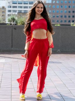 HOUSE OF JAMOTI - Ruby Red Crop Top Flared Pant With Shrug (Set of 3)