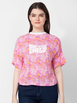 Spykar - Women Fuchsia Pink Cotton Regular Fit Printed T-shirt