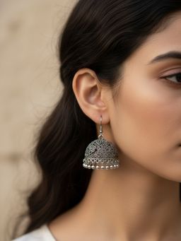 NVR - Women German Silver Oxidised Dome Shaped Jhumka