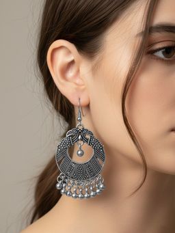 NVR - Women's Oxidized Silver Plated Peacock Design Earrings