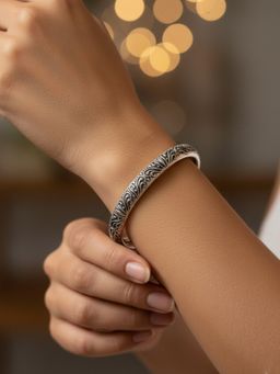 NVR - Women Oxidized Silver Plated Paisley and Floral Carved Kada