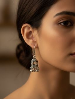 NVR - Women Traditional Oxidized Silver Plated Temple Style Jhumka Earrings