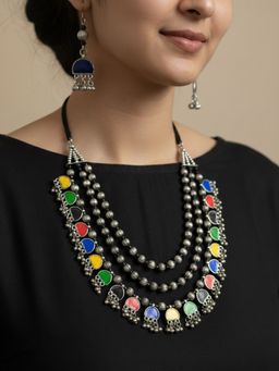 NVR - Women Multi-Color German Silver Artificial Stones Layered Jewellery Set