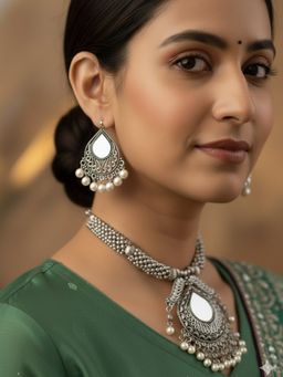 NVR - Women Oxidized Silver-Tone Mirror and Pearl Ethnic Jewellery Set