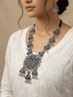 NVR - Women Silver Plated Oxidized Multi-Color Long Jewellery Set