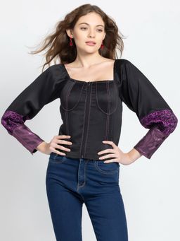 SHAYE - Square Neck Black Solid Full Sleeves Party Tops for Women