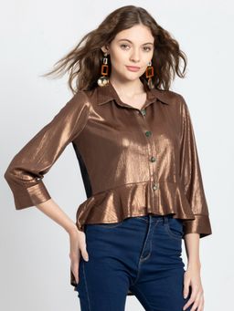 SHAYE - Button Down Collar Brown Solid Three Fourth Sleeves Party Shirts for Women
