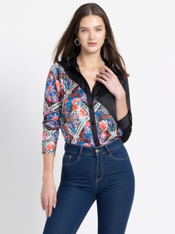 SHAYE - Spread Collar Black Floral Print Long Sleeves Party Shirts for Women