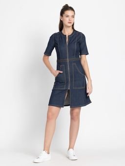 SHAYE - Round Neck Blue Solid Short Sleeves Casual Dress for Women