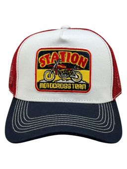 The Tie Hub - White Red & Navy Mens Station Motocross Team Mesh Snapback Trucker Cap