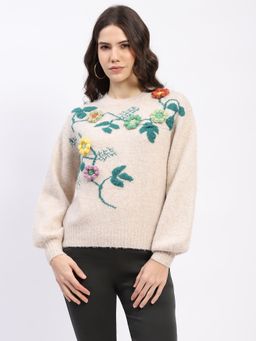 Global Republic - Beige Embroidered Crew Neck Pullover for Women