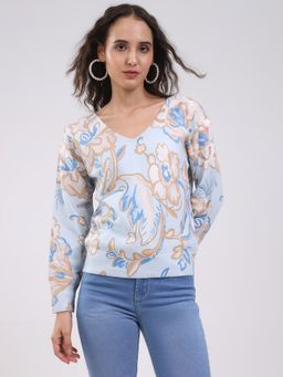 Global Republic - Blue Floral Print V-Neck Pullover for Women